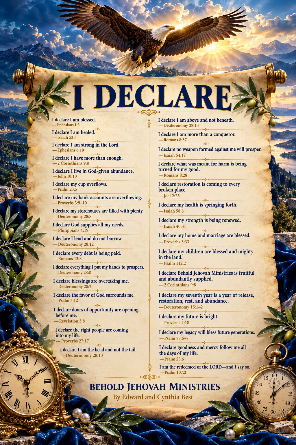 I Declare Scripture declaration poster with a soaring eagle, sapphire-blue sky and velvet, an unfurled parchment scroll, antique clock and stopwatch, olive branches, dew, pearls, and gold detail.