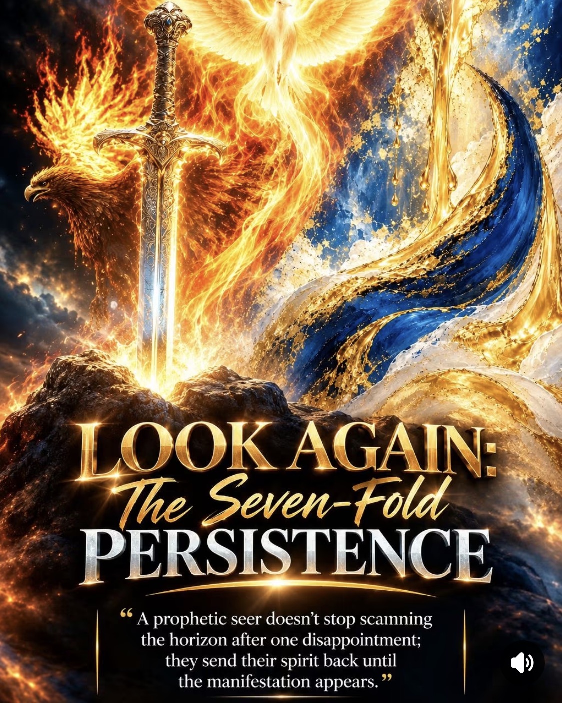 Look Again: The Seven-Fold Persistence, illustrated with a sword, eagle, glowing dove, and flowing blue and gold colors.