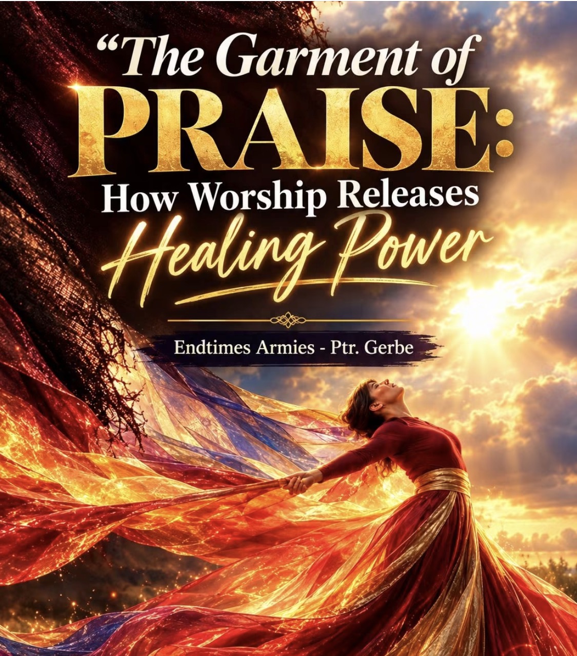 The Garment of Praise: How Worship Releases Healing Power, by Pastor Gerbe, showing a woman worshipping amid flowing red and gold fabric and sunlight.