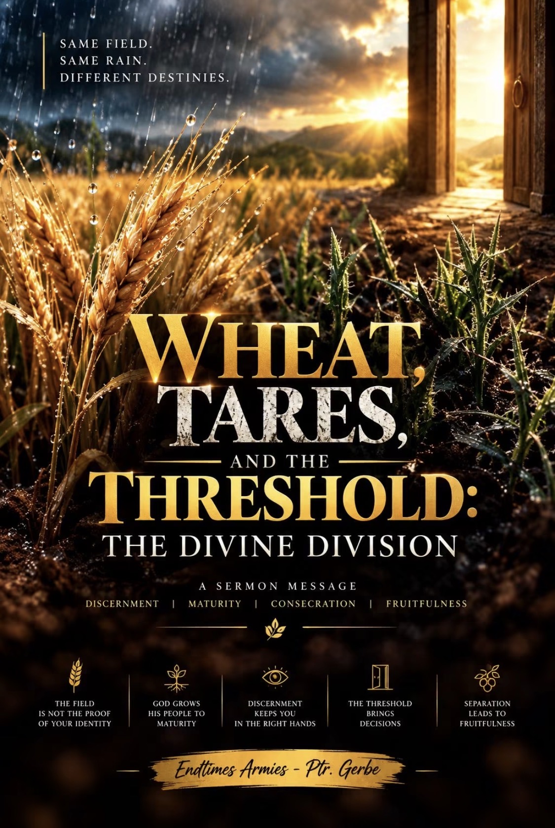 Golden wheat and thorny plants beside a sunlit doorway, with the title Wheat, Tares, and the Threshold: The Divine Division. Endtimes Armies — Ptr. Gerbe.